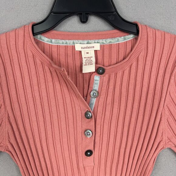 Sundance Shirt Womens Medium Pink Ribbed Henley Lettuce Hem Stretch Organic - Picture 2 of 13